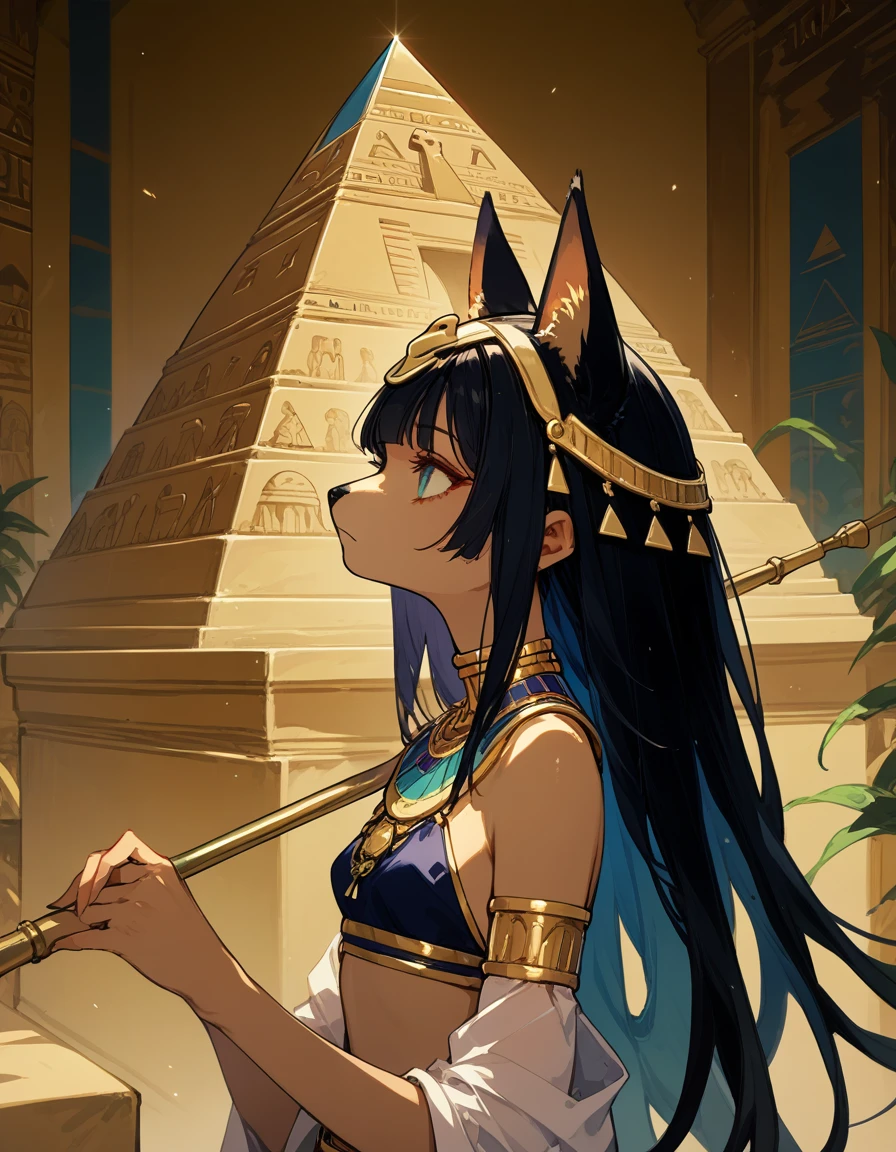 score_10,score_9_up,score_8_up,score_7_up, hadrian, side view,small breasts,expressionless, looking ahead, with Pyramid of Khufu view, in Egypt, furry cat, egyptian clothes, egyptian mythology, truncheon,staff,