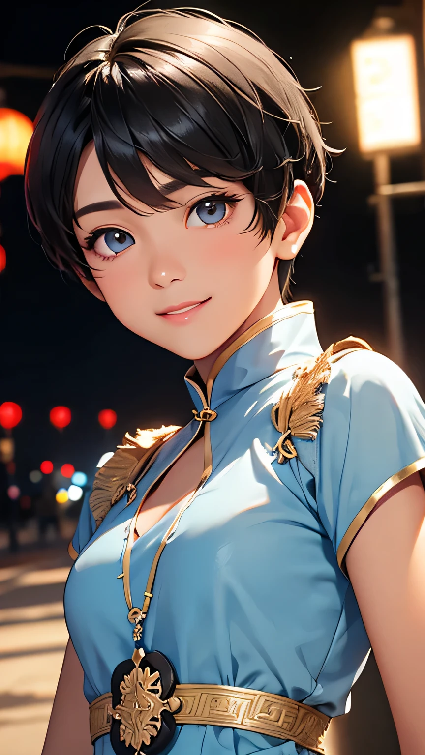 Highest quality、Realistic、、zoom、male、cute、Light grey eyes、Black Hair、Short Hair Style、Tanned brown skin、Dark Skin、Light blue Chinese dress、Captivating smile、Bust Shot、Po