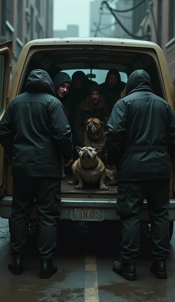 **Syndicate Thugs Loading Animals:**
   - Prompt: "A group of rough-looking thugs wearing dark clothing, loading frightened animals into a van in a dimly lit alley. The van is old and grimy, with the thugs’ faces partially obscured in the shadows. The scene is tense, and there’s a sense of danger in the air."