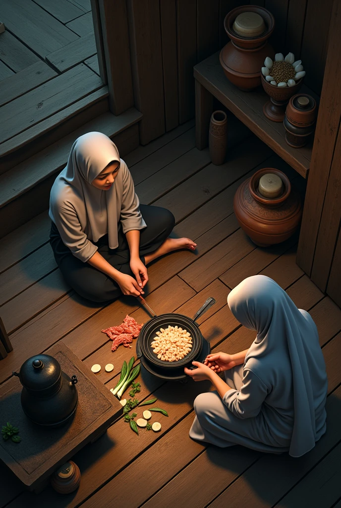 a malay hijab beauty girl wear a shabby shirt and a batik sarong, sitting down on a wooden floor in a wooden kitchen, cutting a vegetable and a meat with her friend, old kettle on stove, a meal in a wok clay stove, old urn, aerial top angle, at night