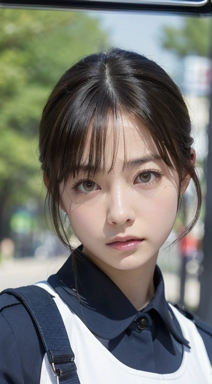(Close-up:1.4)、(RAW Photos:1.2)、(Photorealistic:1.4)、(masterpiece:1.3)、(Highest quality:1.4)、(Beautiful woman with perfect body:1.4)、Beautiful female soldier、Wearing a suit、Beautiful young Japanese woman、Highly detailed face and skin texture、Small, large eyes、double eyelid、Cute Face、(Short Bob:1.2)、Storm and epic war scenes、cyber punk、（Plug Suit）、((Navy and white futuristic police uniform)), Perfect quality,, Stunning beauty,, Small breasts, (High quality anime), Standing on the street by the river next to the village, Please place your hand on your chest, Looking at the audience, Gauntlet. Short hair blowing in the wind, , Bright lightning.Gun holder on the waist
