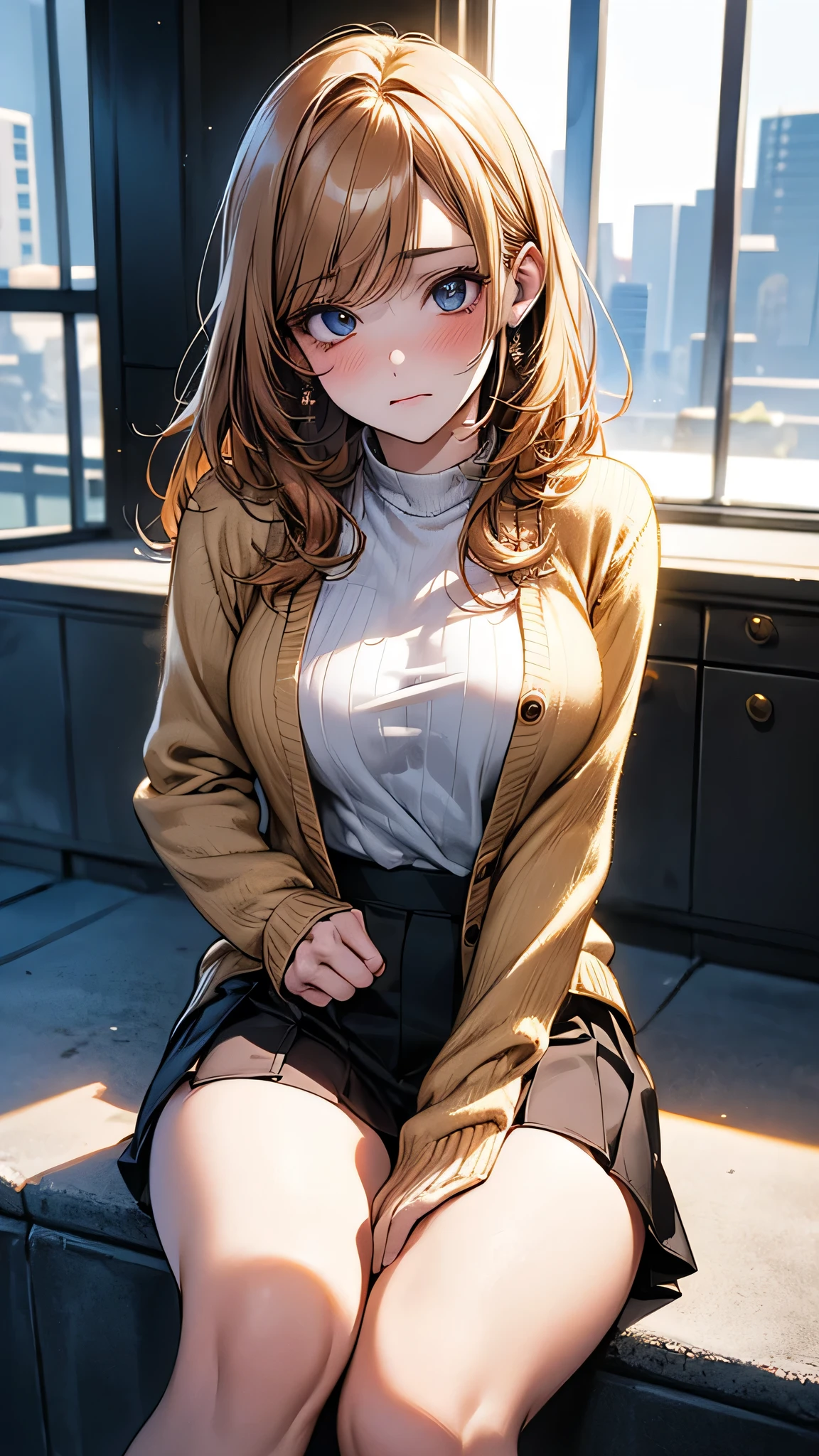 4K resolution,((Highest quality)),Ultra-high resolution,Adult women, alone, sexy, (Sad face), (black eye), Beautiful and symmetrical face, (Golden medium hair),Pink Cardigan,mini skirt,Striped knee-high socks,Realistic:1.4,Realistic:1.4,(masterpiece:1.2),Perfect Eyes,Perfect Eyes,Ample breasts,Curvy Body,Perfect Legs,Inside the building