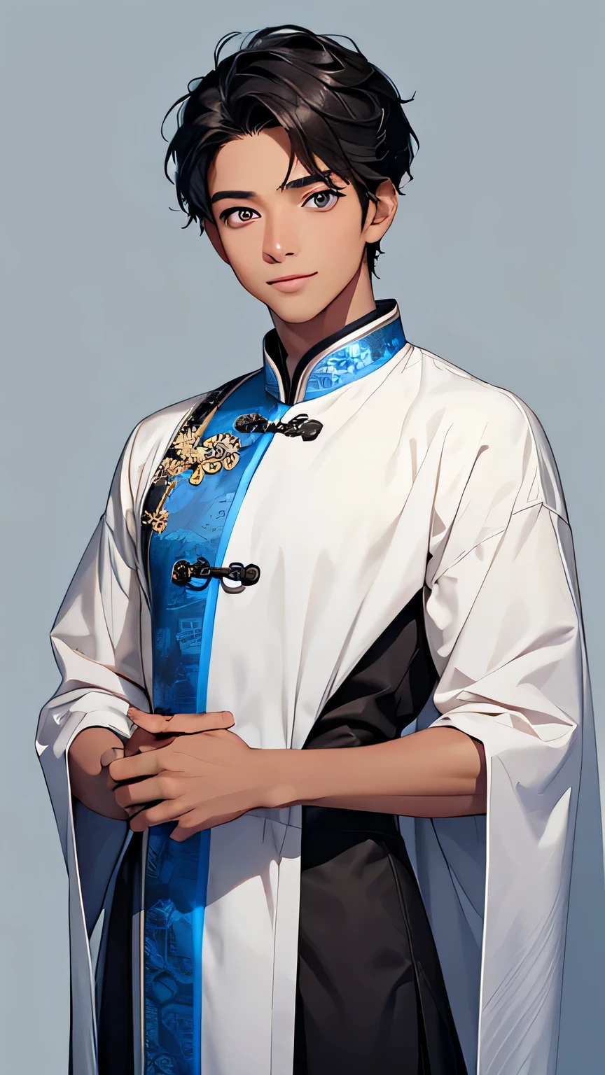 Highest quality、Realistic、、zoom、male、cute、Light grey eyes、Black Hair、Short Hair Style、Tanned brown skin、Dark Skin、Light blue Chinese dress、Captivating smile、Bust Shot、Po