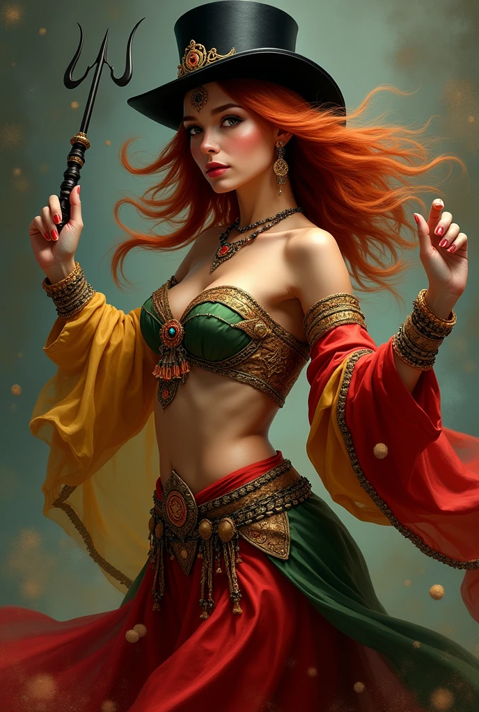 (work of art:1.2), absurderes, A photorealistic photo of the gypsy from the east,alone, skin tanned,  your body is dancing, with gypsy clothes in red colors, green and yellow, another earring with red hair, shiny brown eyes,  with a tambourine in one hand and a golden gypsy tiara on her forehead and behind her Tranca Ruas with a black top hat, a black cape on the outside and red on the inside and in his left hand a black trident the size of him
