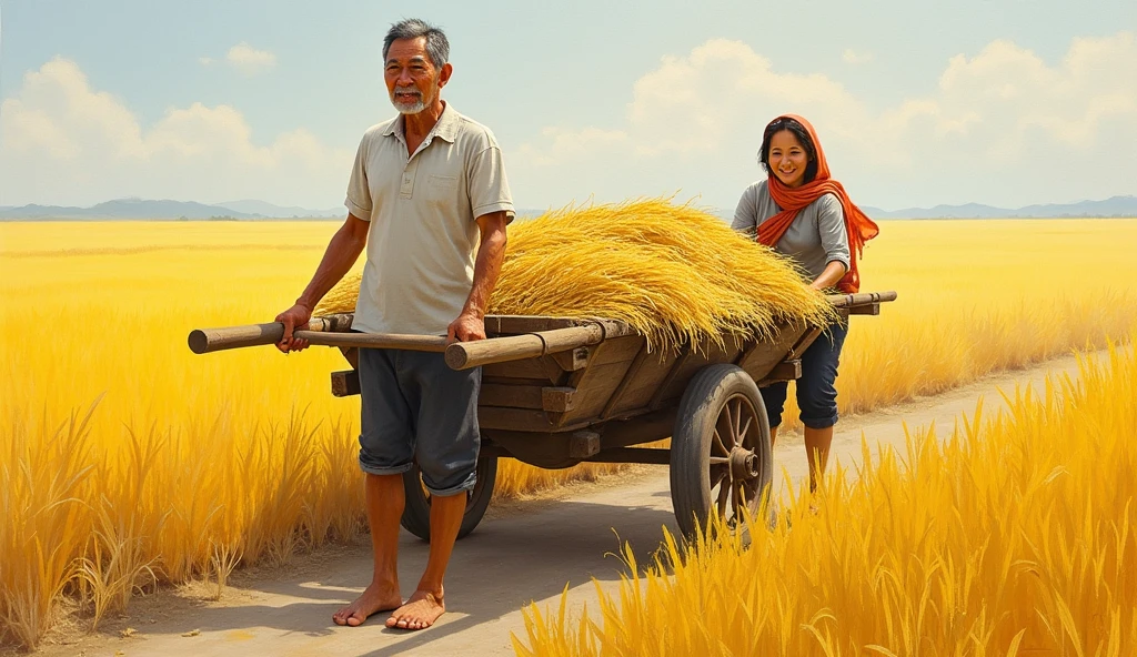 cartoon, a vietnamese man pulling a cart full of rice, a vietnamese woman pushing behind the cart, they go barefoot, woman wearing a scarf in the northern Vietnamese style, on a yellow field background, canvas texture emphasis, paintings, realist detail, flat form