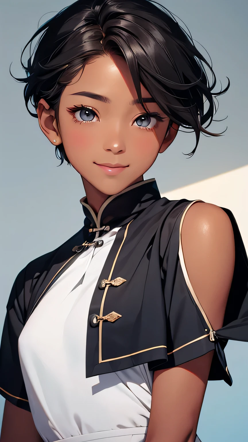Highest quality、Realistic、、zoom、male、cute、Light grey eyes、Black Hair、Short Hair Style、Tanned brown skin、Dark Skin、Light blue Chinese dress、Captivating smile、Bust Shot、Po