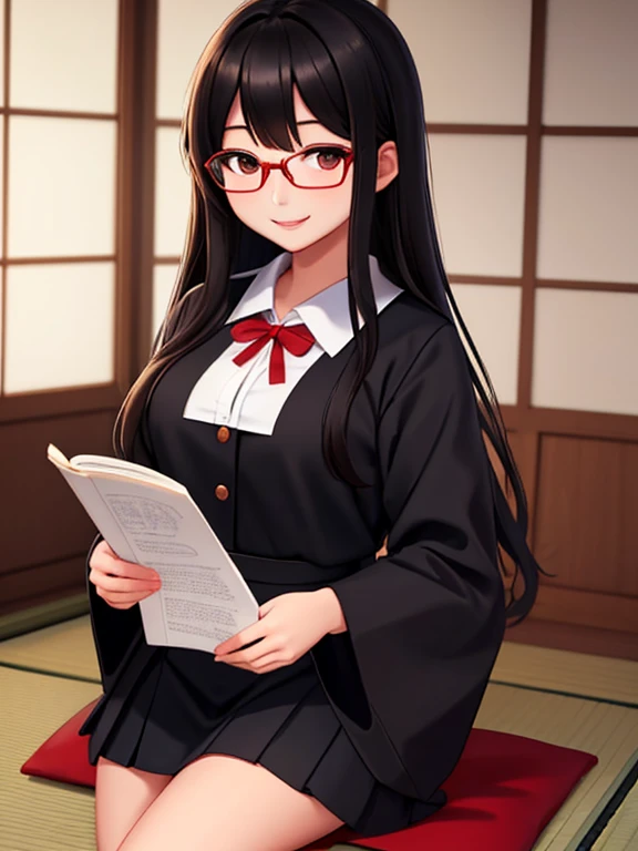 Masterpiece, 1girl, solo, Japanese student, long black hair, smiling, she's absolutely beautiful, (she's wearing a black Japanese school uniform and red reading glasses)