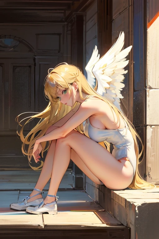 ((Best Quality)), ((masterpiece)), (detailed), 1 girl, with white leotard, long blond hair, green eyes,angel wings on the back, tanned skin, big breasts,sitting, crossed legs,((Whole body)), ((right side profile view))..