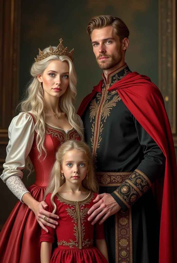 Family of 4. King is standing next to the queen. Her hair is medium long blonde, Her eyes are green, clear skin, high. The queen wears her all-white hair in an elegant bun. dressed in red and black like the king. Both of them avoid being over 30 years old.. In front of them is the princess, a 1 young woman, Her long white hair loose in waves, Amber eyes like the queen and the prince. He is , blond and has one green eye and one amber eye..
