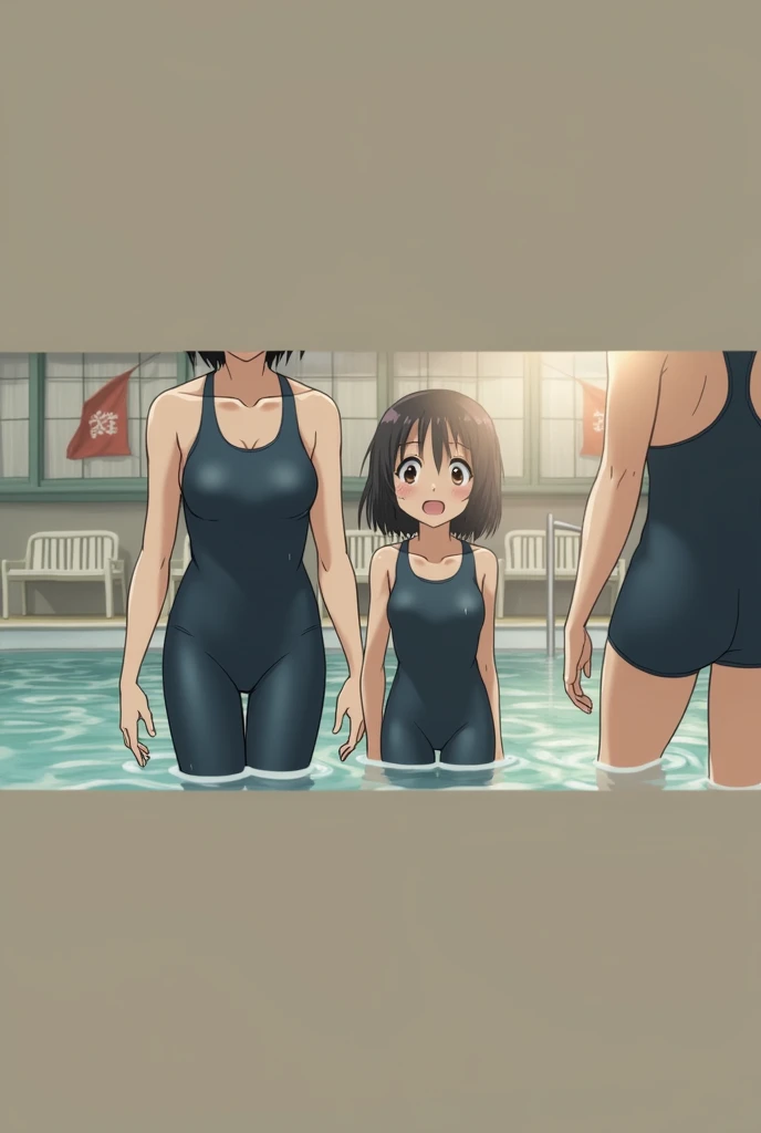 Middle school students,Black Hair,Navy blue school swimsuit and leggings,Sweat,Small breasts,Low length,Pool,Highest quality