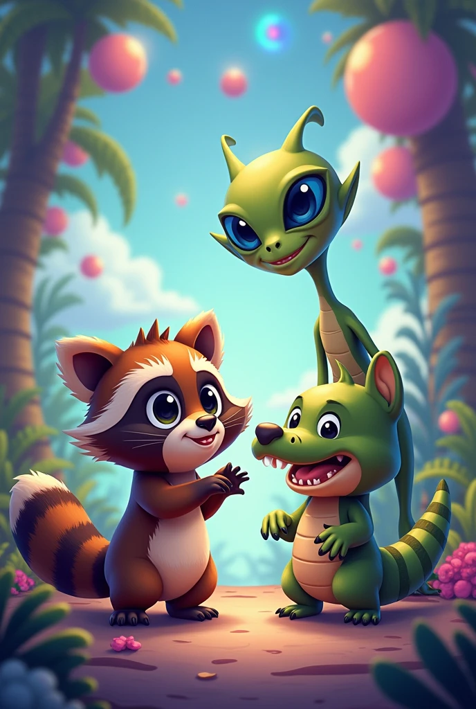 Crocodile, cute animated raccoon and alien