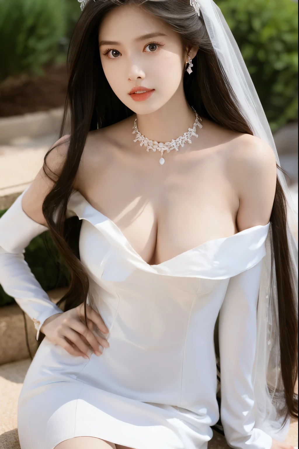 Beautiful woman with perfect body：1.4，Prominent cleavage，Layered Hairstyle，Highly detailed face and skin textures，Double eyelids，Skin Whitening，Long hair，Whitened long legs，（Wedding dress，Collar