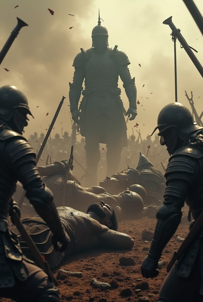 Capture the intense moment during the Perang Paregreg where the forces of King Wikramawardhana and Bhre Wirabhumi collide. The ground is littered with the dead and dying, and the air is thick with tension. In the background, the shadowy silhouette of a traitor from the Majapahit court watches, symbolizing the internal treachery that will lead to the empire’s ultimate downfall. The scene should reflect the tragedy and the catastrophic end of Majapahit’s greatness."
