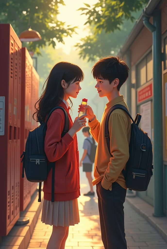 Make an image for me on theme whispers in the hallways of a school youth love story where the popular boy teases the main lead girl . He ask her notes , drinks water from her bottle 
Note : age of girl & boy is 16-17
Make it chinese school drama version 