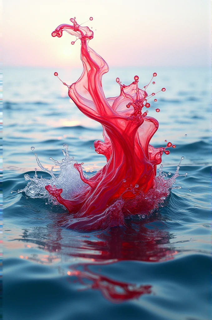 Make a image that there ar 2 liquid (red and water) of water are blending together in a sea
