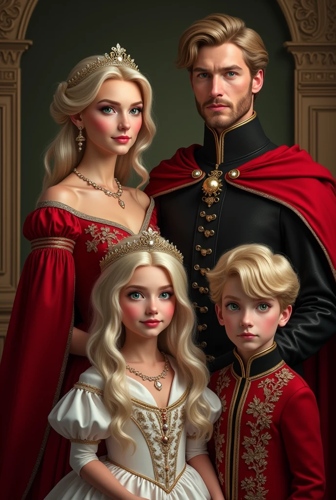 Family of 4. King is standing next to the queen. Her hair is medium long blonde, Her eyes are green, clear skin, high. The queen wears her all-white hair in an elegant bun. dressed in red and black like the king. Both of them avoid being over 30 years old.. In front of them is the princess, a 1 young woman, Her long white hair loose in waves, Amber eyes like the queen and the prince. He is , blond and has one green eye and one amber eye..
