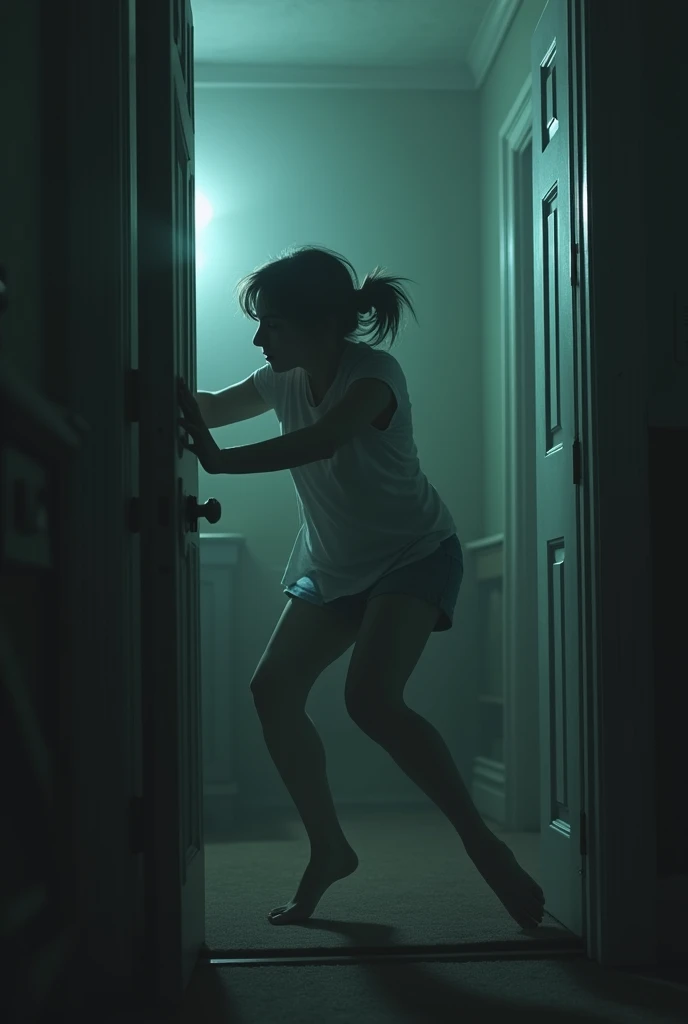 Emily pounds on the door, trying to escape, as the whispers grow louder.

Objects in the room move subtly. A cold hand touches her shoulder, but no one is there.

She stumbles backward, trips over the bed, and falls to the ground.