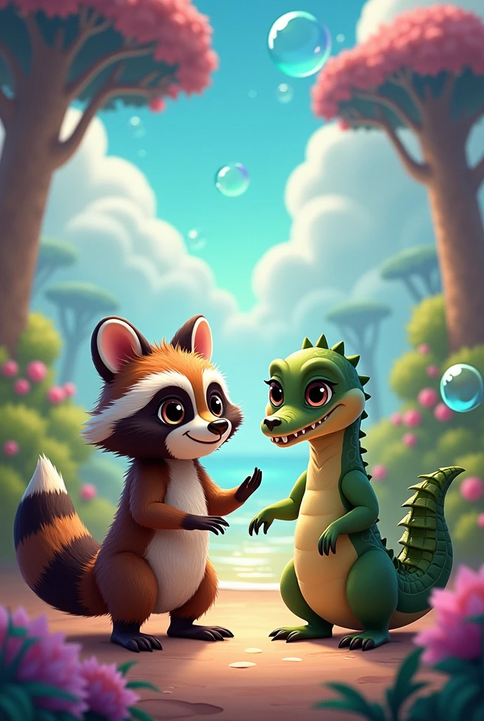Crocodile, cute animated raccoon and alien
