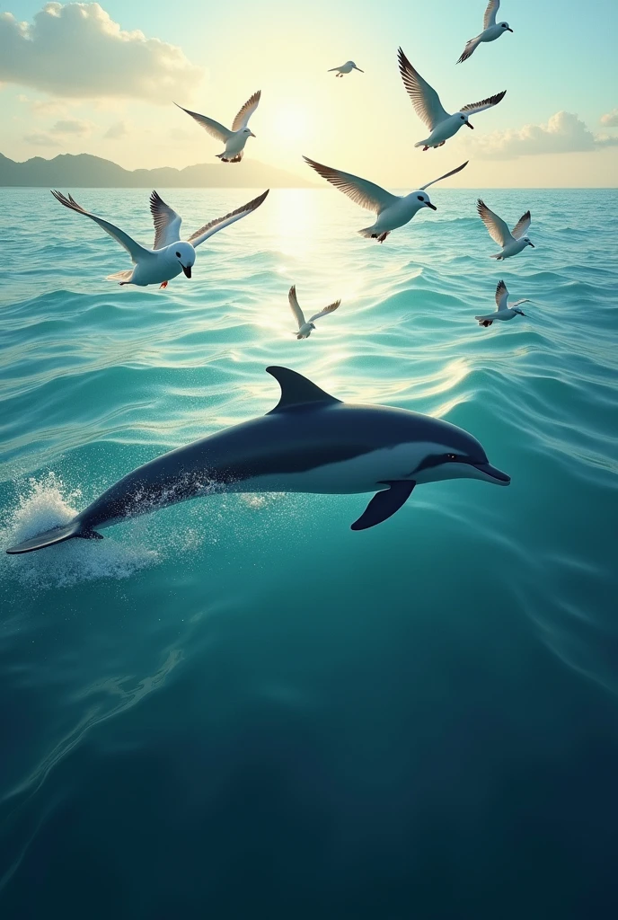 A dolphin swimming in the ocean birds flying in the ocean