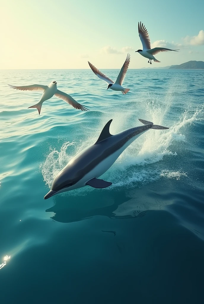A dolphin swimming in the ocean birds flying in the ocean 
