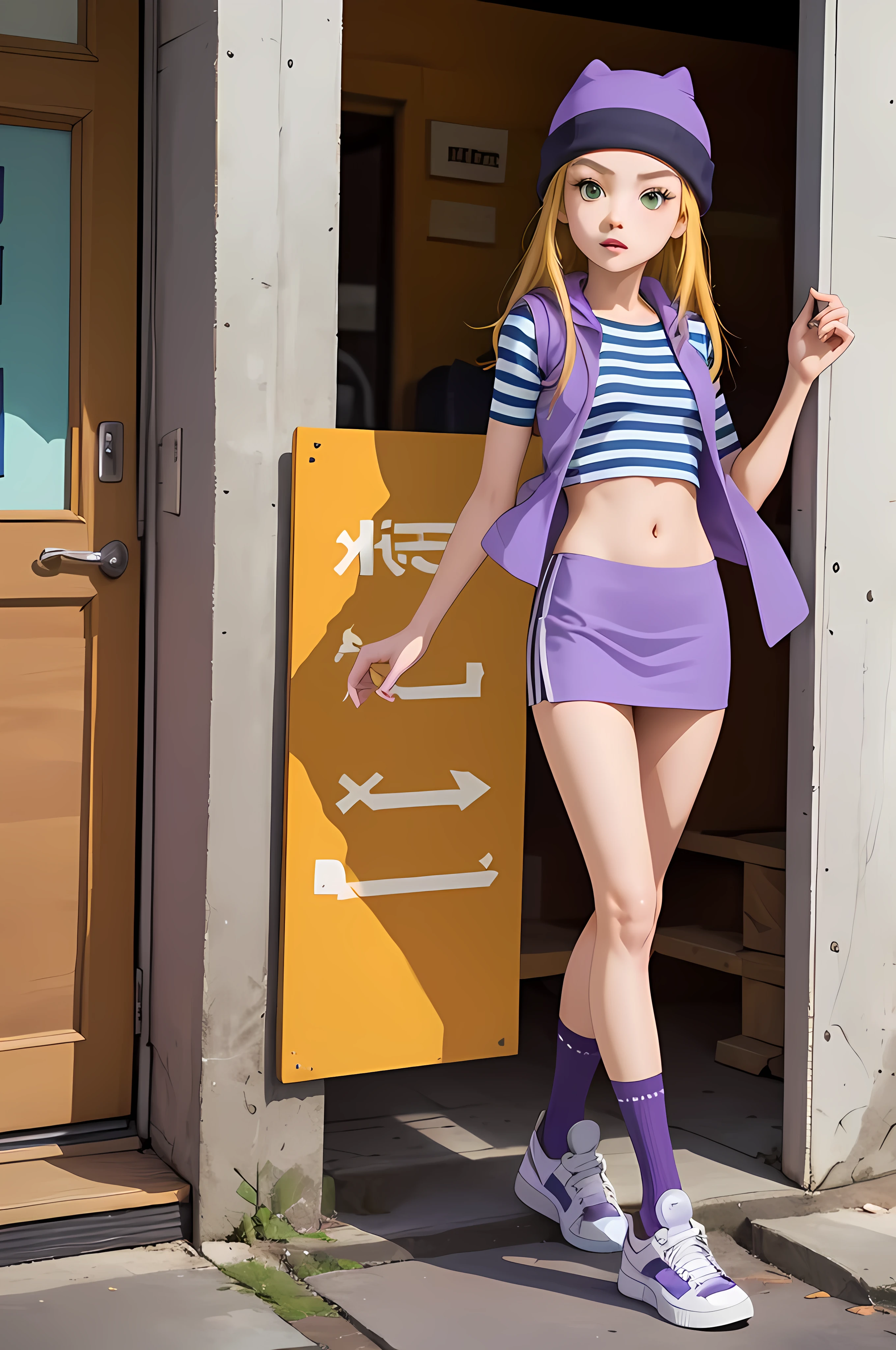 (masterpiece, best quality), 1girl, izumi Orimoto, green eyes, blonde hair, long hair, purple beanie, purple vest, purple miniskirt, blue white striped shirt, long purple socks, sneakers, purple vest, striped shirt, navel shirt