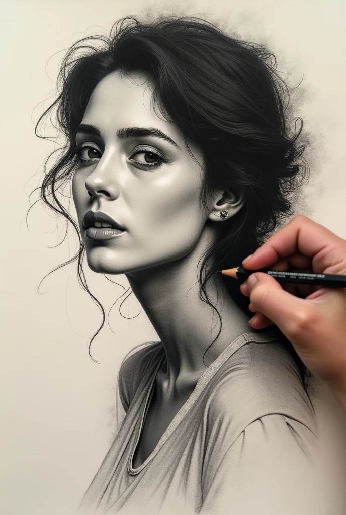 A stunning freehand sketch of a woman's portrait, masterfully rendered in conté crayon and charcoal. The subject has a thoughtful expression, the head tilted slightly, and his gaze lost in contemplation. The low contrast, faded appearance gives the portrait a nostalgic feel, with clear, blurred lines that look like they've been smudged with a finger. The subtle play of shadows and light adds depth to the sketch., showing the artist's exceptional mastery of the technique., painting-like, illustration, hand with pencil sketching ,