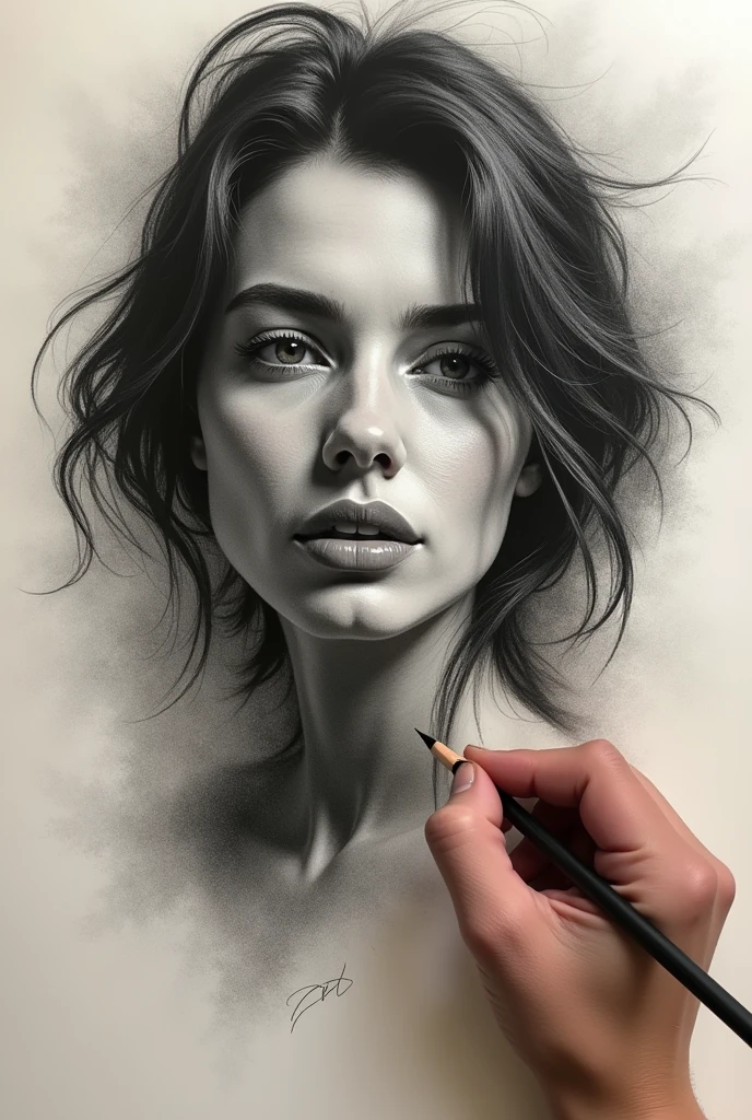 A stunning freehand sketch of a woman's portrait, masterfully rendered in conté crayon and charcoal. The subject has a thoughtful expression, the head tilted slightly, and his gaze lost in contemplation. The low contrast, faded appearance gives the portrait a nostalgic feel, with clear, blurred lines that look like they've been smudged with a finger. The subtle play of shadows and light adds depth to the sketch., showing the artist's exceptional mastery of the technique., painting-like, illustration, hand with pencil sketching ,
