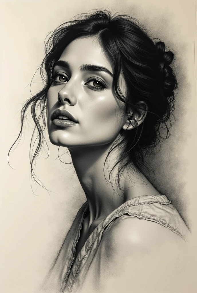 A stunning freehand sketch of a woman&#39;s portrait, masterfully rendered in conté crayon and charcoal. The subject has a thoughtful expression, the head tilted slightly, and his gaze lost in contemplation. The low contrast, faded appearance gives the portrait a nostalgic feel, with clear, blurred lines that look like they&#39;ve been smudged with a finger. The subtle play of shadows and light adds depth to the sketch., showing the artist&#39;s exceptional mastery of the technique., painting-like, illustration, hand with pencil sketching , 
