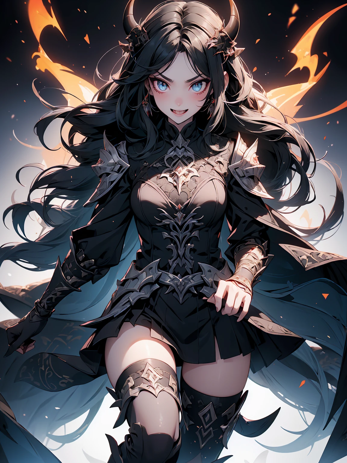 (((masterpiece, best quality, high detailed, 16k))) (1girl) A demonic girl with a dark and menacing aura, adorned with sharp, curved horns protruding from her head. Her piercing, glowing eyes burn with an infernal fire, exuding both power and malevolence. She has long, sinuous demon wings that stretch out menacingly behind her, and her hands end in long, razor-sharp claws. She wears black, demonic armor, intricately detailed with infernal runes and designs, offering both protection and a terrifying presence. Her fanged smile reveals a predatory nature, and her presence exudes an aura of fear and dominance. ((full body view))