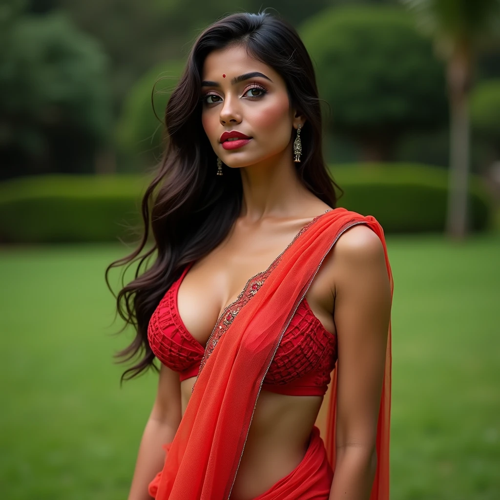 Indian perfect Wife with a huge round and long cleavage line visible in a sexy folded net saree, HDR, 8k, hyperdetailed, best quality, ultra-high resolution, HDR, 8k, walking on the lawn , look at viewer, waist level view