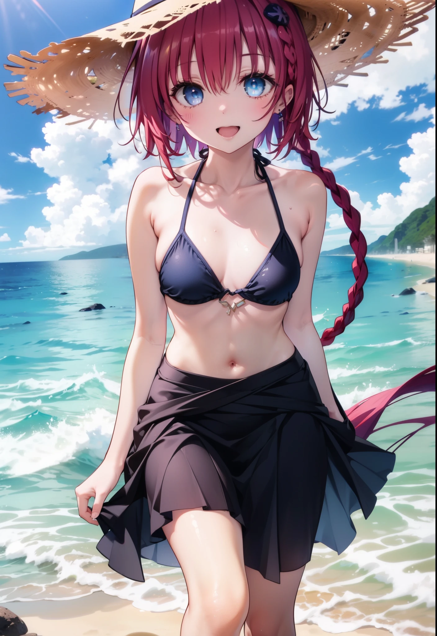 Kurosaki  mea,Redhead,Long braids,Purple eyes,Open your mouth,smile,Straw hat,Black string bikini swimsuit,Pareo Swimsuit,Belly button,abdomen,barefoot,A thin long skirt is wrapped around her waist,Sandy Beachを散歩している,Walking,Clear skies,True Summer,Daytime,whole bodyがイラストに入るように,
break looking at viewer,whole body, 
break outdoors, Beach,Sandy Beach,
break (masterpiece:1.2), Highest quality, High resolution, unity 8K wallpaper, (shape:0.8), (Beautiful and beautiful eyes:1.6), Highly detailed face, Perfect lighting, Highly detailed CG, (Perfect hands, Perfect Anatomy),