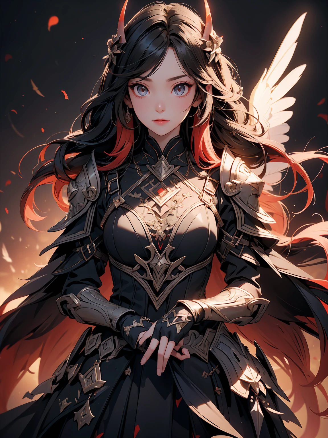 1girl, devil_angel, devil_angel_wings, dark_armor, feathers_long, wing, dark_feathers_hair, shoulder_armor, solo, upper_body, black_and_red_theme, dark_wings, wings, best_quality, 4k, 8k, highres, masterpiece:1.2, ultra-detailed, realistic, photorealistic:1.37, HDR, UHD, studio_lighting, ultra-fine_painting, sharp_focus, physically-based_rendering, extreme_detail_description, professional, vivid_colors, bokeh, digital_painting, dramatic_lighting, intricate_details, cinematic_composition, fantasy_art