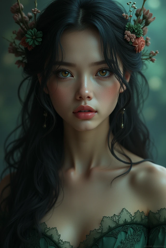 a beautiful woman with long flowing hair, piercing eyes, full lips, highly detailed portrait, photorealistic, 8k, hyperdetailed, intricate details, dramatic lighting, chiaroscuro, dramatic shadows, dramatic atmosphere, moody, cinematic, fantasy, enchanting, magical, ethereal, whimsical