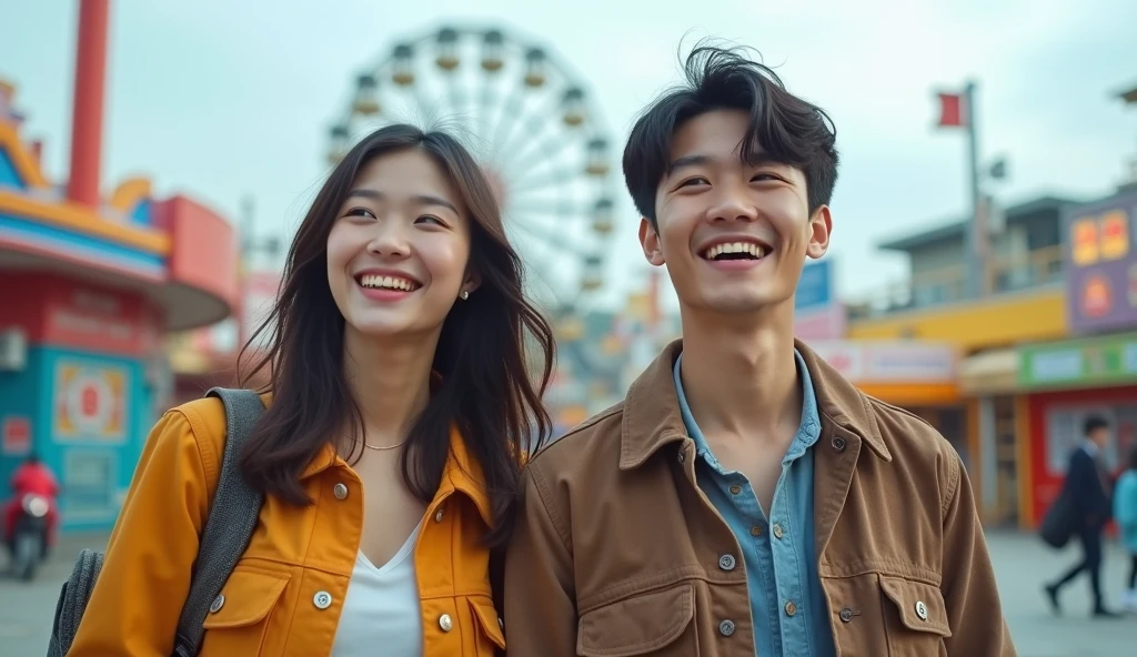 Stylishly dressed Japanese male and female college students look at the amusement park with cheerful expressions,Excited, Photo of your face, In the amusement park, with a natural look, With a slightly tired look, tilt your face a little, Diagonal orientation, Average face