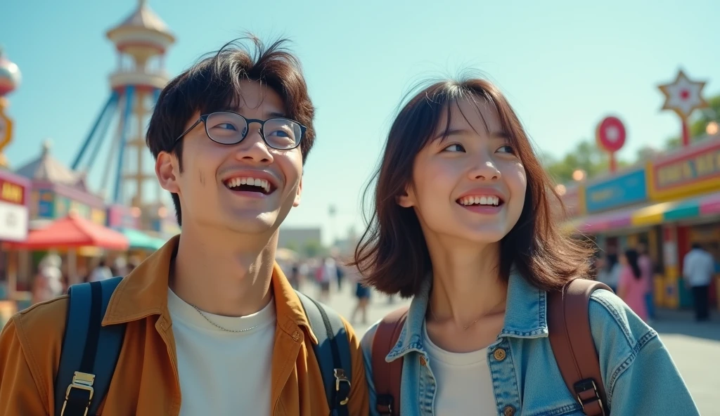 Stylishly dressed Japanese male and female college students look at the amusement park with cheerful expressions,Excited, Photo of your face, In the amusement park, with a natural look, With a slightly tired look, tilt your face a little, Diagonal orientation, Average face