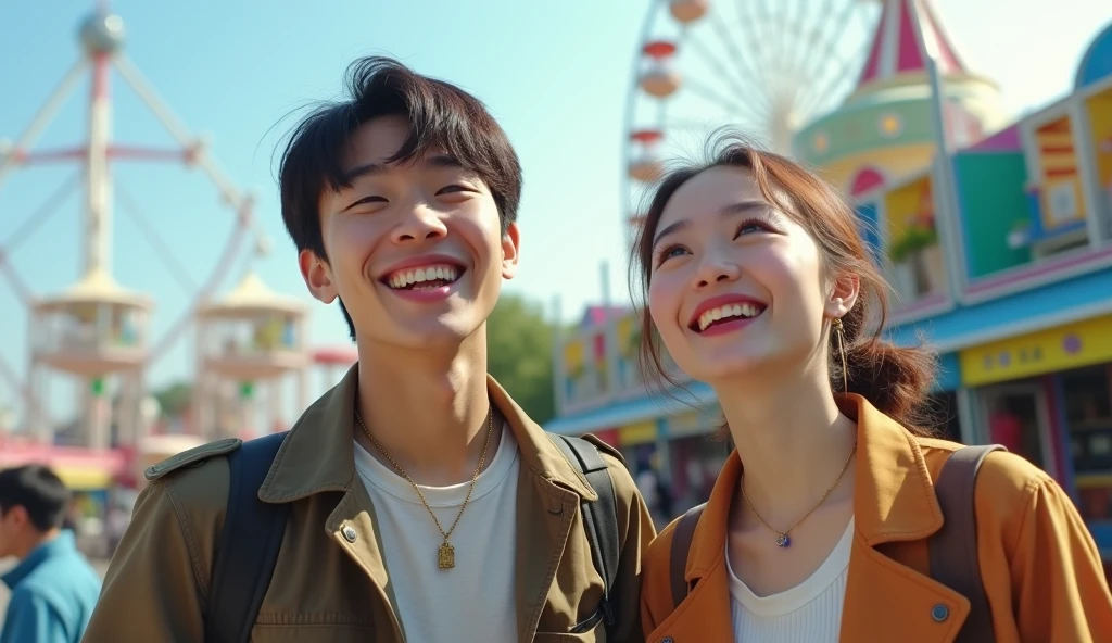 Stylishly dressed Japanese male and female college students look at the amusement park with cheerful expressions,Excited, Photo of your face, In the amusement park, with a natural look, With a slightly tired look, tilt your face a little, Diagonal orientation, Average face