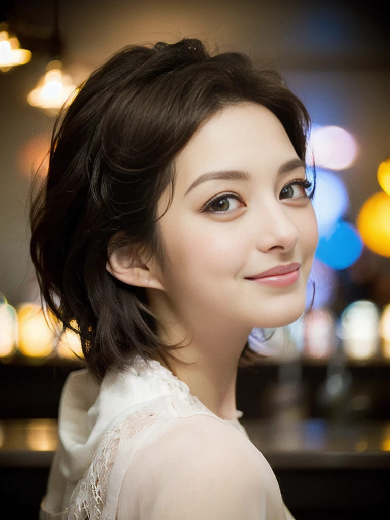 a Close-up portrait of gorgeous smiling cute Japanese woman in a glamorous lacy dress outfit, delicate facial features, porcelain-skinned, ponytail, a fusion of young Marion Cotillard's striking eyes and young Anne Hathaway's introspective gaze, long and slender cute face, curved eyebrows, droopy hooded eyes, lower nasal bridge, slim wavy nose, smiling, thin lips, short pixie cut hair, silhouette, bokeh, lobby bar lounge background,  depth of field, photo, film,