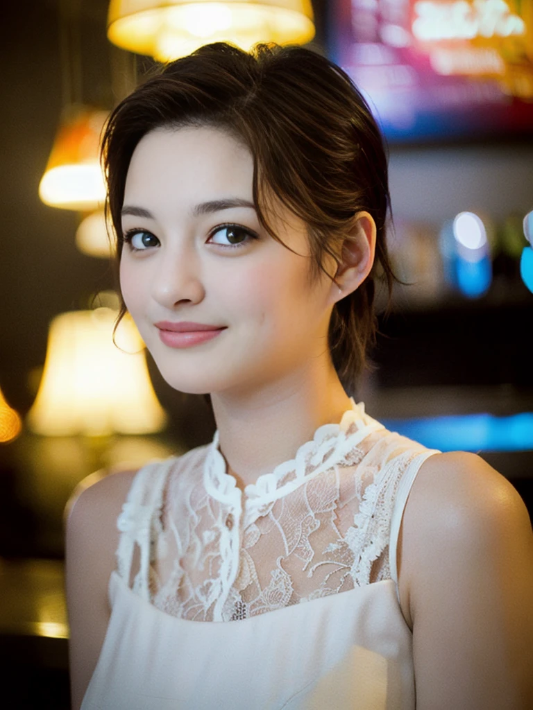 a Close-up portrait of gorgeous smiling cute Japanese woman in a glamorous lacy dress outfit, delicate facial features, porcelain-skinned, ponytail, a fusion of young Marion Cotillard's striking eyes and young Anne Hathaway's introspective gaze, long and slender cute face, curved eyebrows, droopy hooded eyes, lower nasal bridge, slim wavy nose, smiling, thin lips, short pixie cut hair, silhouette, bokeh, lobby bar lounge background, depth of field, photo, film,