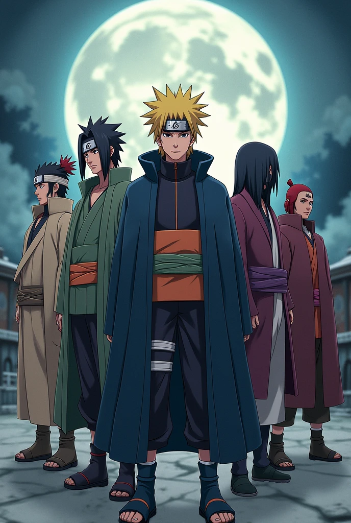 anime, 5 older mature konoha hokages, Tobirama with cool head gear,  smiling Hashirama, Minato with yellow hair and cool cape, stern madara, cool, detailed