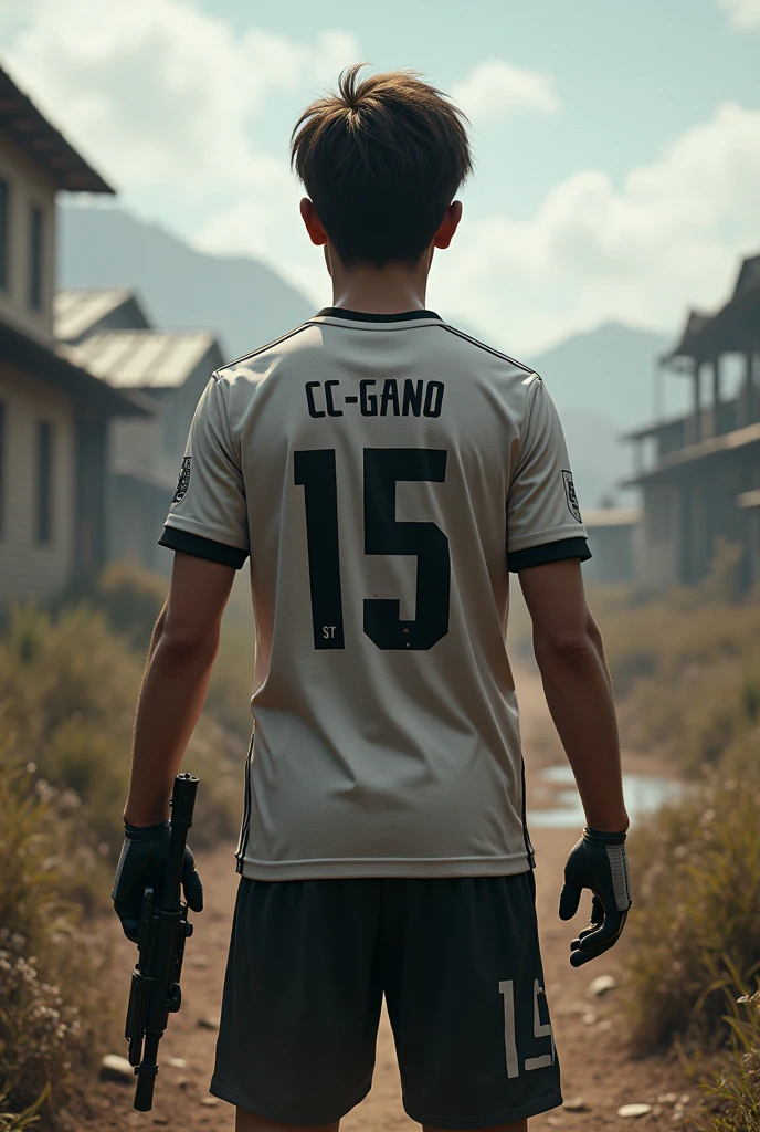 Create a soccer player with his back turned to me and the name CC-GANO and age 15 years and background image game pubg And in his hand is his weapon