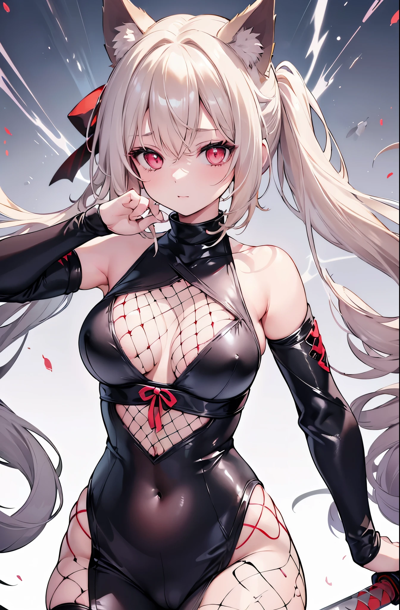 1girl,Sexy pretty girl,shiny gold platinum blonde hair, Bobcut,curly hair、Dog ears、Red sparkling eyes、detailed cute eyes,(glowing eyes:1.4),laugh heartily,((Droopy eyes)),small breasts,(ninja:1.2),(fishnet-bodysuit:1.3), bare shoulders, detached sleeves, cleavage,thighhighs,ponytail, black hair,(red ribbon:1.2),(ninja sword:1.3) see-through