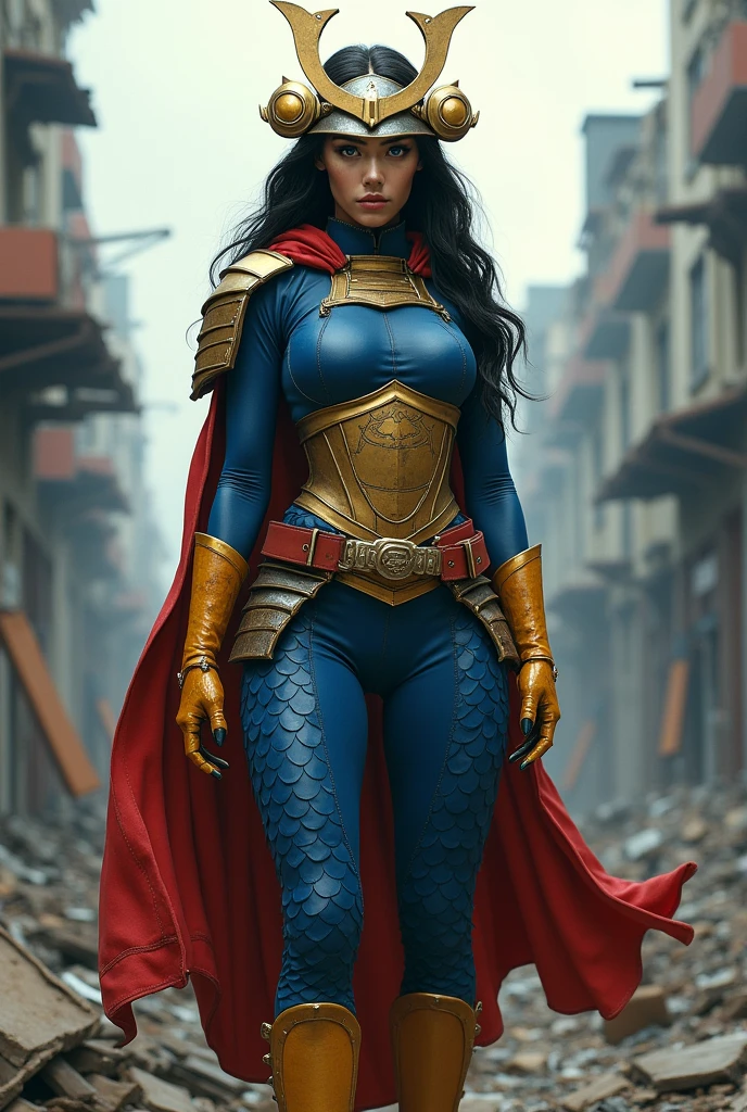 A beautiful woman under the cloak of Big Barda has long hair, black and almost always hidden by his samurai helmet. His eyes are light blue. Her superheroine costume is samurai themed.. His usual costume includes a blue leather jumpsuit with scales and a gold armor top over his jumpsuit, thick red belt, boots and burnt yellow gloves on his knees in an apocalyptic city with a lot of destruction.