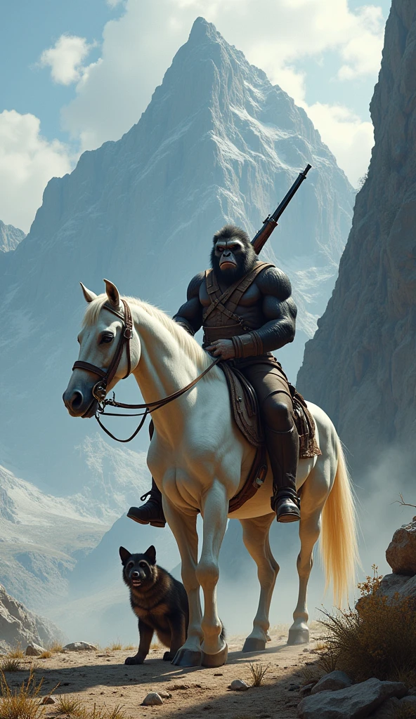 "An imposing mountain with steep cliffs and rugged terrain stands tall in the background. In the foreground, a majestic white horse stands strong, carrying an ape with a muscular build. The ape is holding a rifle, gripping it firmly in one hand while looking out into the distance with an intense expression. Beside the horse, a large, fierce-looking dog sits alertly, its gaze focused, as if guarding the ape and horse. The scene feels adventurous and dangerous, set against the wild natural beauty of the mountain."