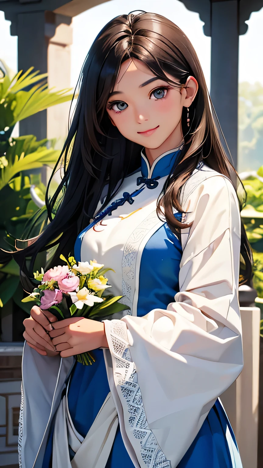 Highest quality、Realistic、、zoom、、cute、Light grey eyes、Black Hair、Medium Hair Style、Tanned brown skin、Dark Skin、Light blue Chinese dress、No sleeve、Captivating smile、Bust Shot、Po