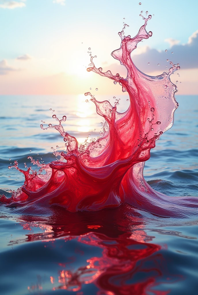 Make a image that there ar 2 liquid (red and water)  of water are blending together in a sea
