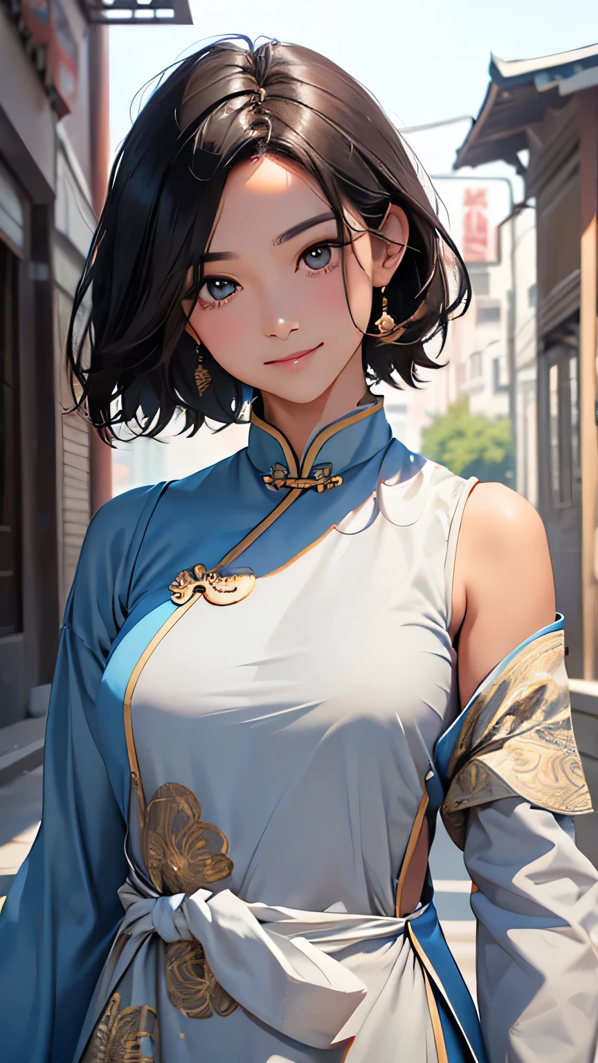Highest quality、Realistic、、zoom、、cute、Light grey eyes、Black Hair、Medium Hair Style、Tanned brown skin、Dark Skin、Light blue Chinese dress、No sleeve、Captivating smile、Bust Shot、Po
