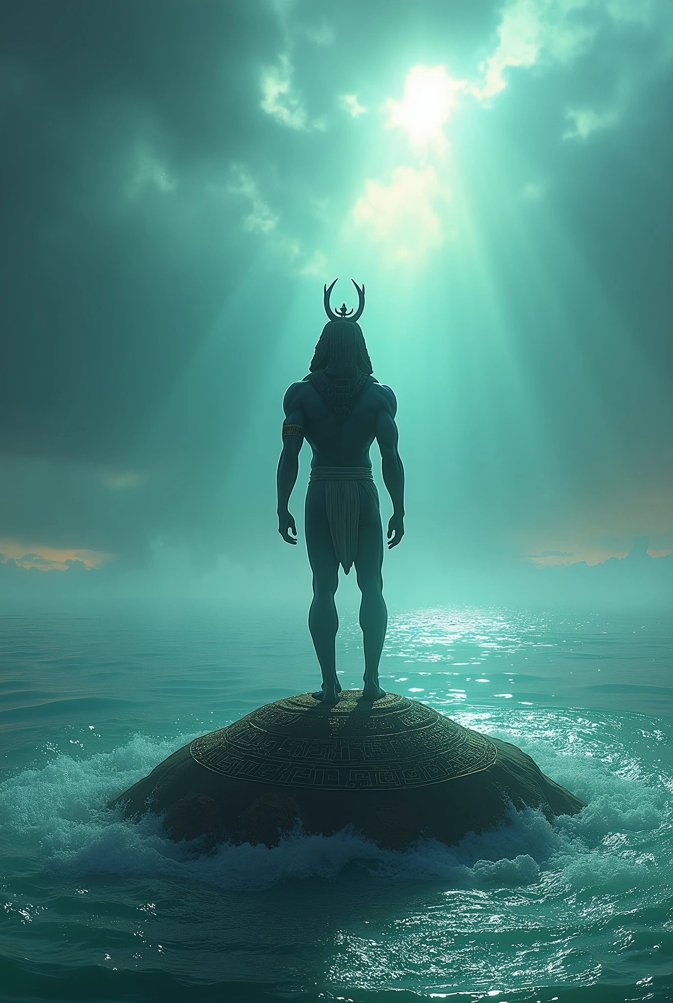 Create a photo-realistic image of Atum, the primordial deity from Egyptian mythology, emerging from the primordial waters. Depict him as a solitary figure on a primordial mound. Include a highly detailed background and vibrant gradient colors. Use best quality, masterpiece, realistic, detailed, and absurdres settings.