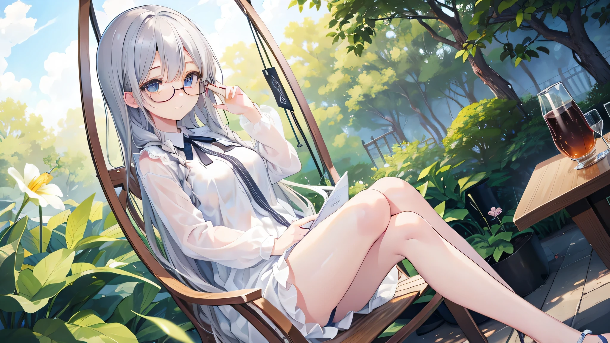 Relaxing in a hanging chair outside a cafe in the woods、High-quality illustrations、Draw the whole body、Glasses、Curly Long Hair、Loose braided hair、She's in her 20s and has a cute baby face.、Small breasts、Cute clothes、Inside a stylish cafe、smile、Draw women slightly larger、Beautiful breasts、Baby Face、skirt、A little sheer underwear、Silver Hair、Grey Hair、Slim body、Watery eyes、Looking this way, he is happy.、I'm not wearing anything on my head、Ahoge、丸くBeautiful breasts、smile、Cleavage、Messy Hair、Plump thighs、Absolute area、Highest quality, Very detailed, Attention to detail, masterpiece:1.2,