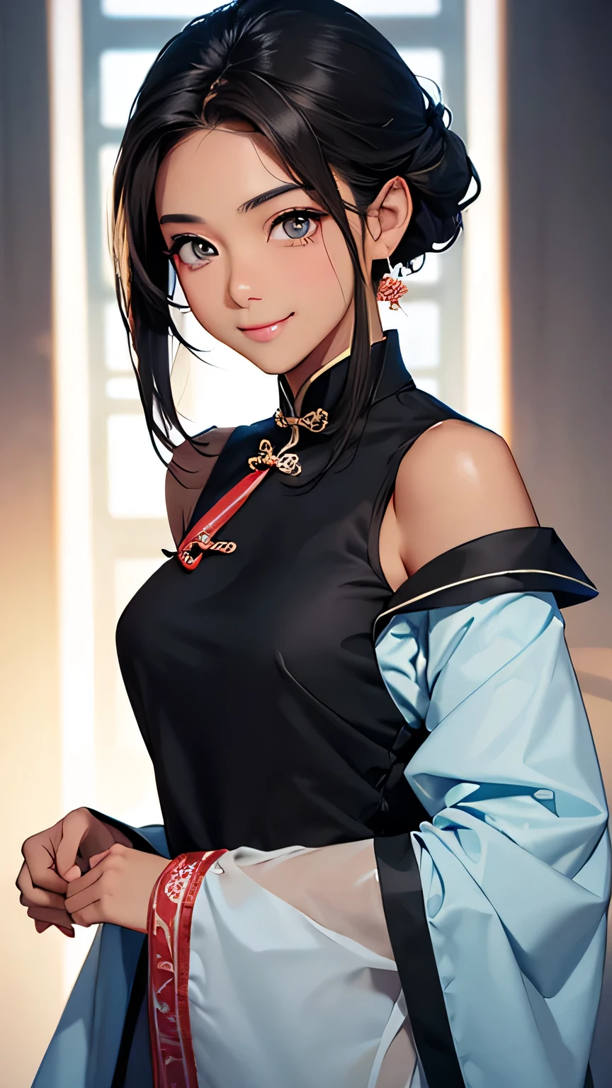 Highest quality、Realistic、、zoom、、cute、Light grey eyes、Black Hair、Medium Hair Style、Tanned brown skin、Dark Skin、Light blue Chinese dress、No sleeve、Captivating smile、Bust Shot、Po