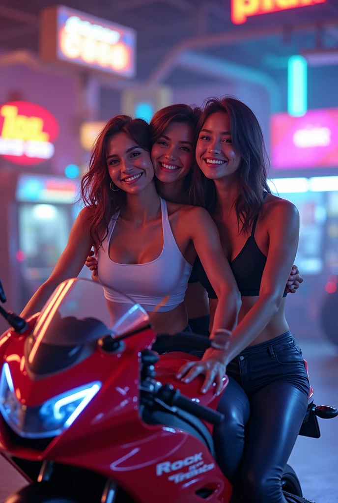 Throuple of 2 girls and 1 boy wearing gym outfit riding on an arcade motorcycle game